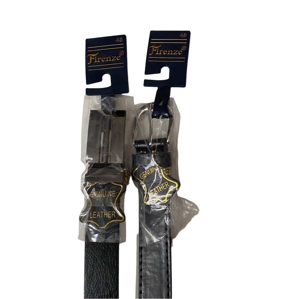 Firenze 2 Black Genuine Leather 1 Flat Glossy Gold Buckle 1 Flat Belts Men 48